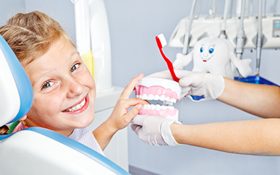 A young girl sitting in a dental chair touching a mouth model the dentist is holding