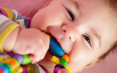 A young child gnawing on a baby toy